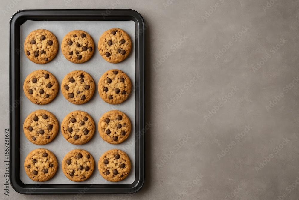 Poster top-down view of a baking tray filled with chocolate chip cookies and space for customization on a g