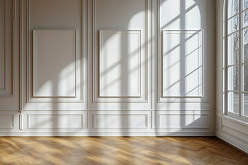 Fototapeta premium Empty white wall with framed panels and herringbone wood floor bathed in sunlight