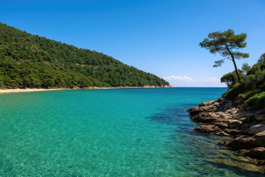 Stunning azure waters along the shoreline of a picturesque Mediterranean island close to a tropical beach
