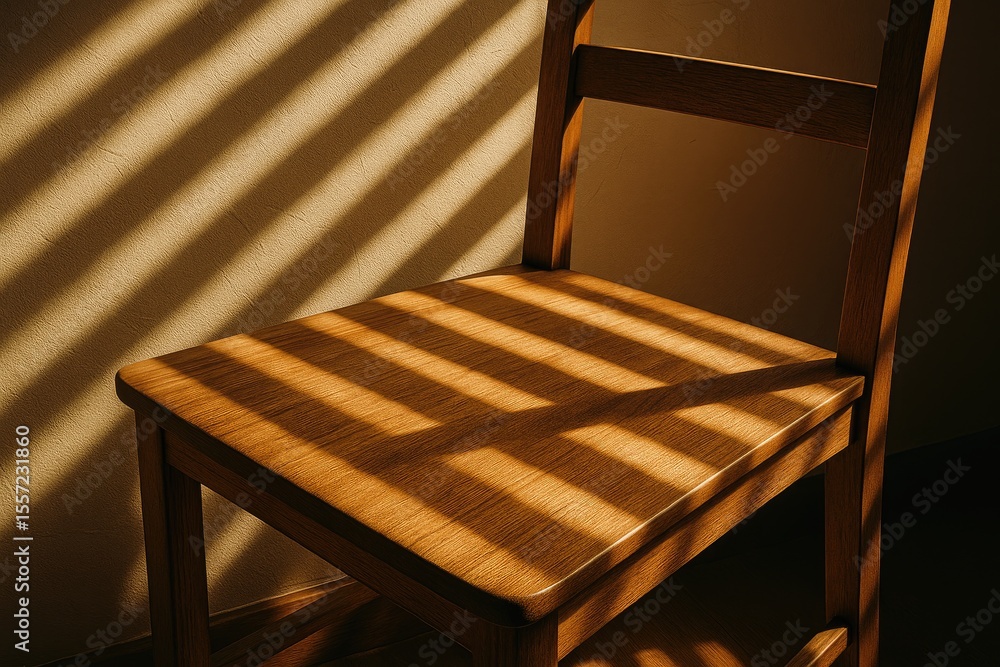 Poster abstract morning illumination and shadow play on a wooden seat with intersecting light patterns.