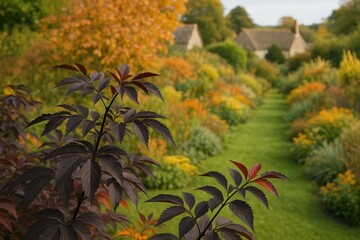Autumn Leaves of Black Elder in a Flower Garden at a Countryside Cottage