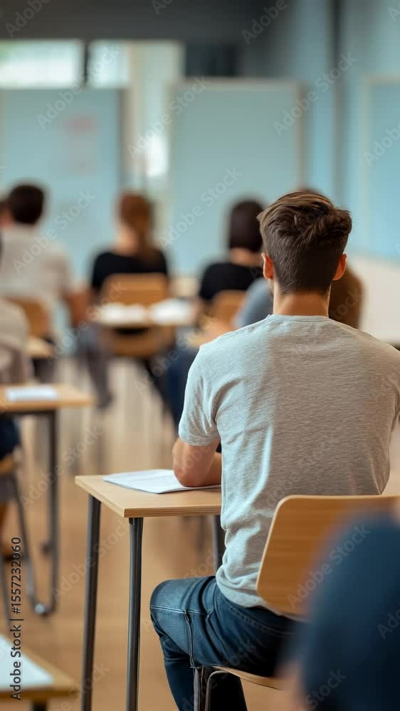Poster university student is attentively listening to the teacher's lecture in a classroom full of students