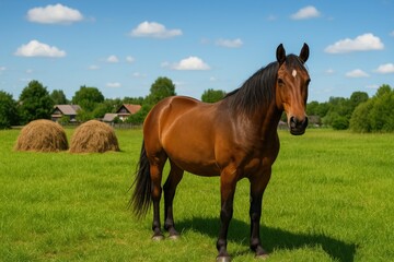 Fototapeta premium A equine resting in a rural setting beside straw piles