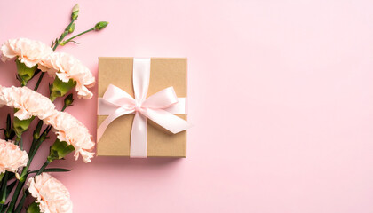Top View of Pink Carnation Flower on Pastel Background for Mother's Day Celebration

