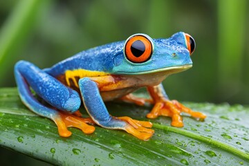 Fototapeta premium Red eyed tree frog resting on a wet leaf in the rainforest