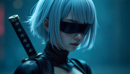 Stylish Futuristic Ninja Girl with Short Hair, urban, technology
