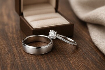 Elegant white gold and silver rings displayed on wooden surface with a ring box and fabric backdrop, ideal for wedding and engagement photography.