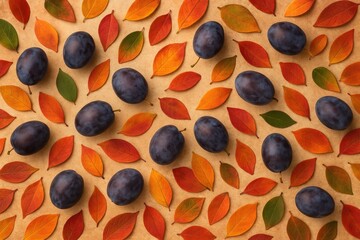 Seasonal arrangement featuring vibrant leaves and a plum, showcasing autumn hues from a top-down perspective with ample space for text