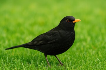 A male blackbird perched on a lush green lawn.