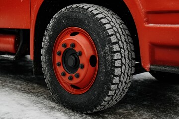 A truck fitted with a snow-covered tire featuring a vibrant red rim