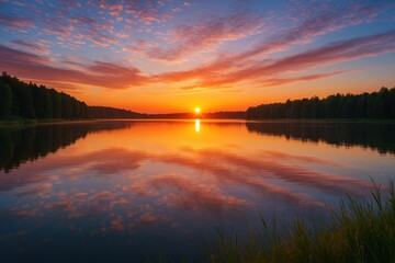 Fototapeta premium Stunning dawn over a tranquil lake with vibrant morning hues in a scenic European setting