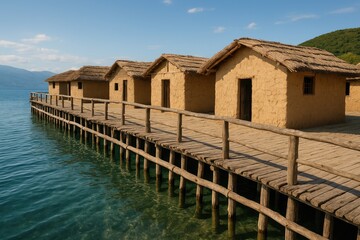 A lakeside fishing community featuring traditional clay homes
