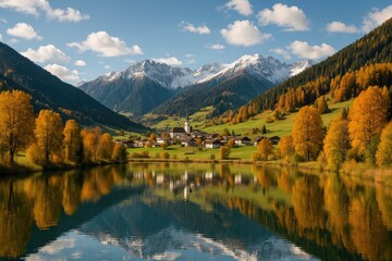 Fototapeta premium Fall foliage in the mountain region near Sillian - panoramic view