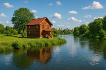 Obraz premium Stunning sight of a home nestled along a riverbank