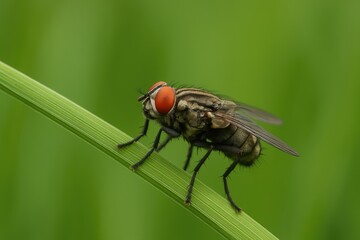 Naklejka premium A fly resting delicately on a blade of grass exhibits a natural scene