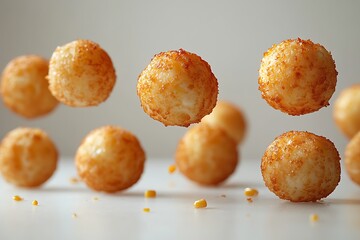 Golden Fried Cheese Balls Floating Against a Soft White Background with Corn Kernels