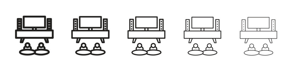 Home cinema iconBlack linear bold and thin strokes set
