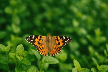 Obraz premium Elegant butterfly perched on lush green foliage in a garden setting