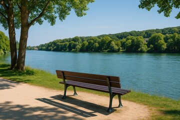 Fototapeta premium Seating area overlooking a river in northern France