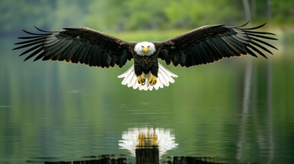 Obraz premium An eagle swoops down over a still lake with wings stretched wide and talons poised just above the waterâ€™s surface to catch its prey