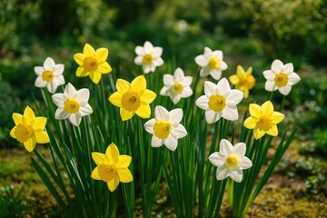Obraz premium A colorful scene of bright yellow and white flowers flourishing in a sunny outdoor space, enveloped by rich foliage and organic textures.