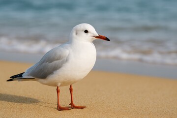 Fototapeta premium Close-up of a seagull perched on a sunny sandy shoreline