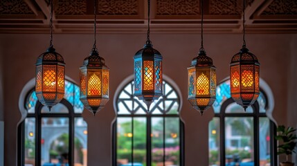 Obraz premium Ornate lanterns hang from a ceiling, casting colorful light