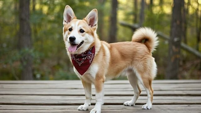 Happy corgi standing on wooden deck in a forest, enjoying a sunny day with trees in background