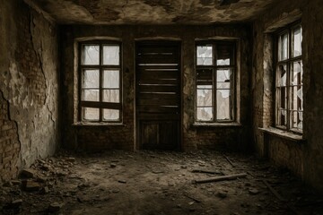 Fototapeta premium Derelict Structure with boarded-up windows and dilapidated interiors