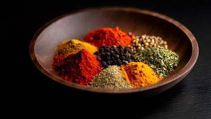 Vibrant Spices A Colorful Collection of Aromatic Seasonings in Wooden Bowl