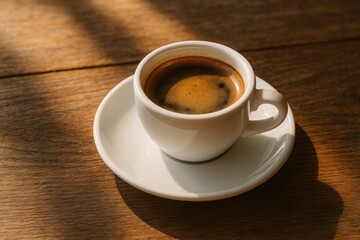 A morning scene featuring a shot of espresso on a rustic wooden surface