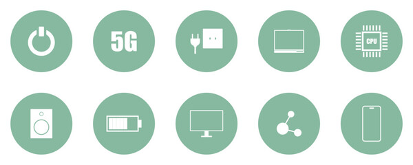 Technology Icons Set, Modern Technology Icons, Electronic Device Symbols Collection, Flat Digital Interface Icons on transparent background