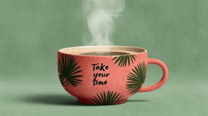 Steaming Coffee in Tropical Design Mug with Inspirational Quote on Green Background