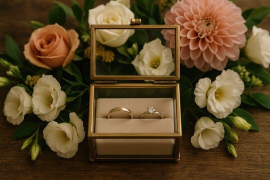 Two wedding bands displayed inside a glass container adorned with blossoms
