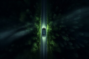 Aerial view of a black car driving on a road through a forest at night, illuminating the path ahead