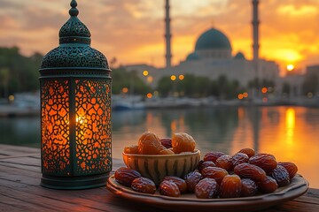 Illuminated lantern dates and mosque at sunset over water with warm orange sky bowl