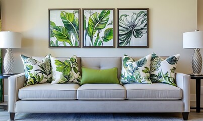 stylish living room featuring a gray sofa adorned with green accent pillows, complemented by botanical wall art. Generative Ai 