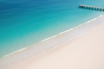 Obraz premium Bird's eye view of a vibrant ocean and pristine shoreline featuring a tiny dock in the distance