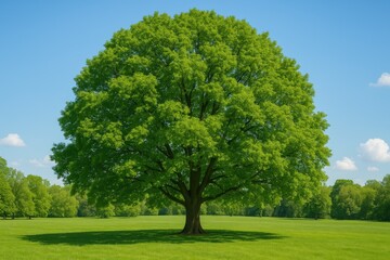 Fototapeta premium Lush foliage of a massive green tree in a public park