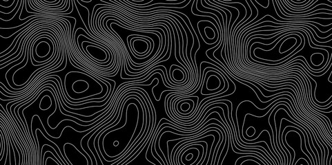 black abstract topographic map with white contour lines design element for modern and minimal graphic design.	