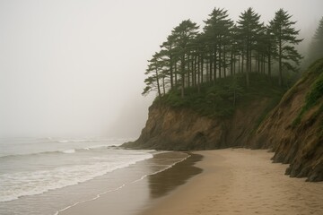 A foggy landscape featuring a cluster of cedar trees perched on rocky cliffs overlooking a shoreline.