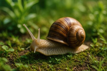 Charming snail wandering through a lush garden