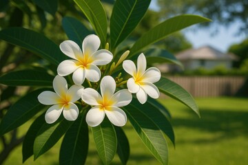 Stunning frangipani blossoms adjacent to a neighboring garden