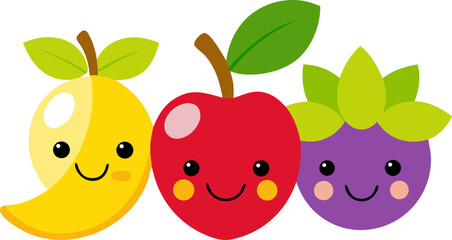 Colourful flat vector of fruit icons (apple, banana, grapes) smiling in row with white background.
