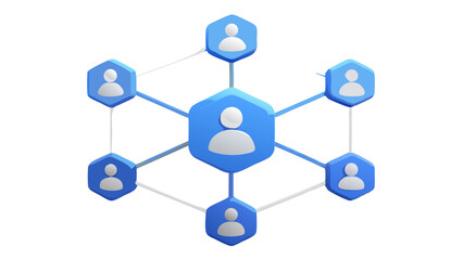 blue communication network with hexagonal nodes representing users isolated on white background.