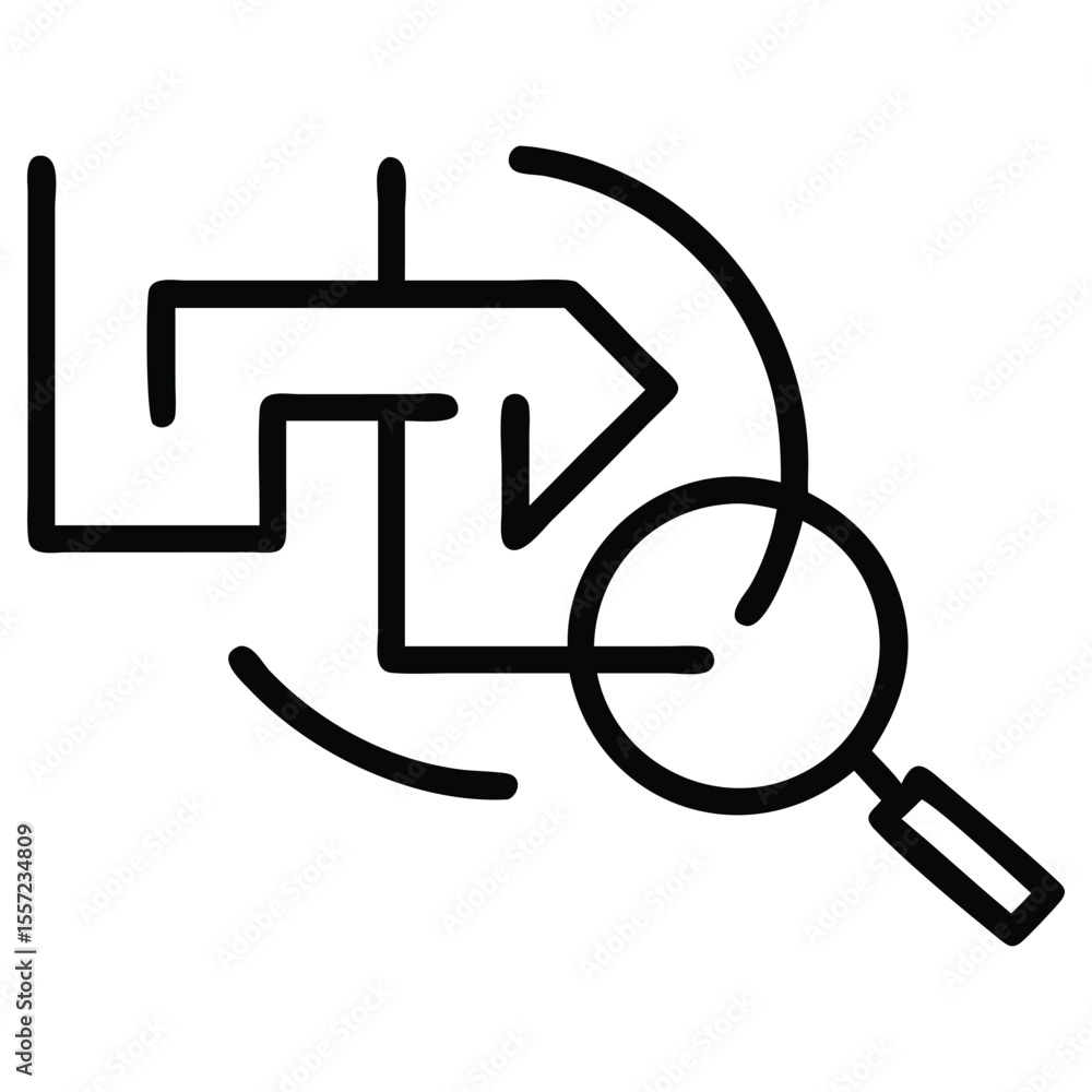 Poster problem solving illustration showing path analysis with magnifying glass for business strategies