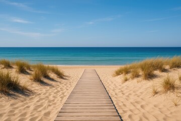 Fototapeta premium A sandy pathway leading to the ocean, crafted from wood.