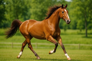 Obraz premium A youthful chestnut mare of Holsteiner breed galloping freely across a field