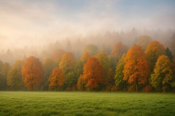 Morning fog envelops a forest during autumn with a sprawling meadow in the front