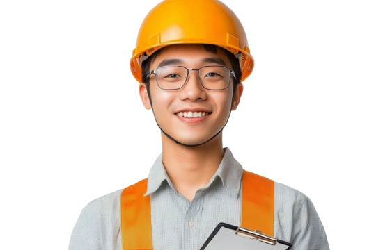 Cheerful young male construction worker in hard hat and safety vest holding clipboard, smiling confidently at camera against a clear background - Powered by Adobe